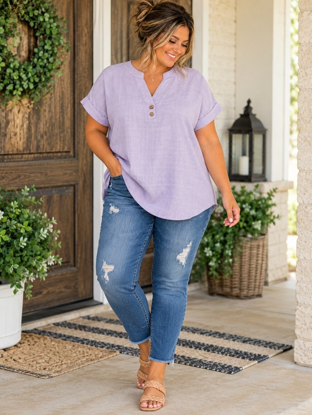 Women’s XL Lavender Split Neck Short Sleeve Tunic Blouse Linen Look